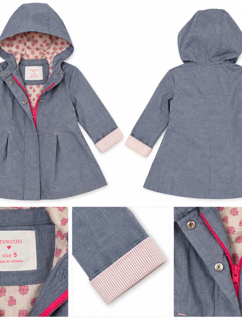 Crewcuts Blue Chambray Hooded Girls' Raincoat with Pink Lining